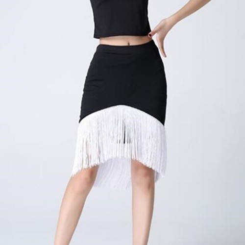 Women's black with white latin dance skirts chacha rumba for female girls stage performance professional practice dance skirts